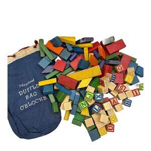 Vintage PLAYSKOOL DUFFLE BAG OF COLORED BLOCKS 1980s Sepp ABC Primary Color READ